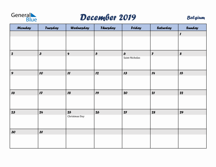 December 2019 Calendar with Holidays in Belgium