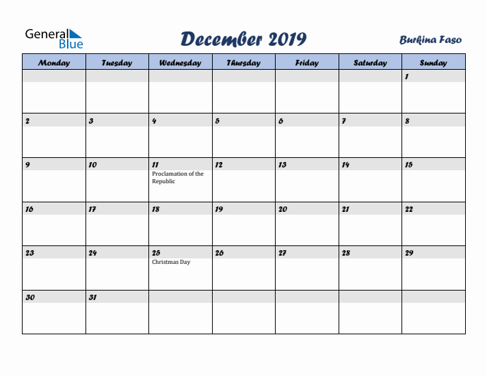 December 2019 Calendar with Holidays in Burkina Faso