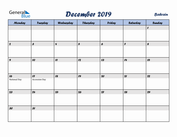 December 2019 Calendar with Holidays in Bahrain