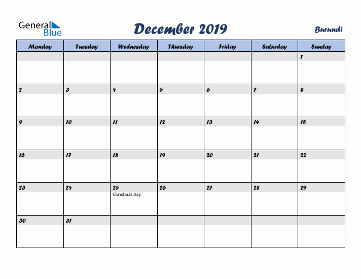 December 2019 Calendar with Holidays in Burundi