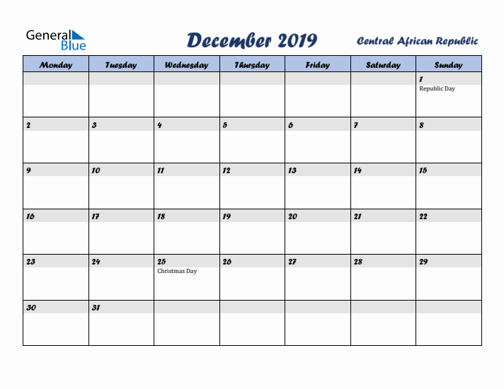 December 2019 Calendar with Holidays in Central African Republic