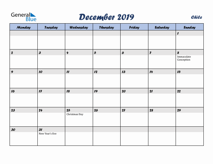 December 2019 Calendar with Holidays in Chile
