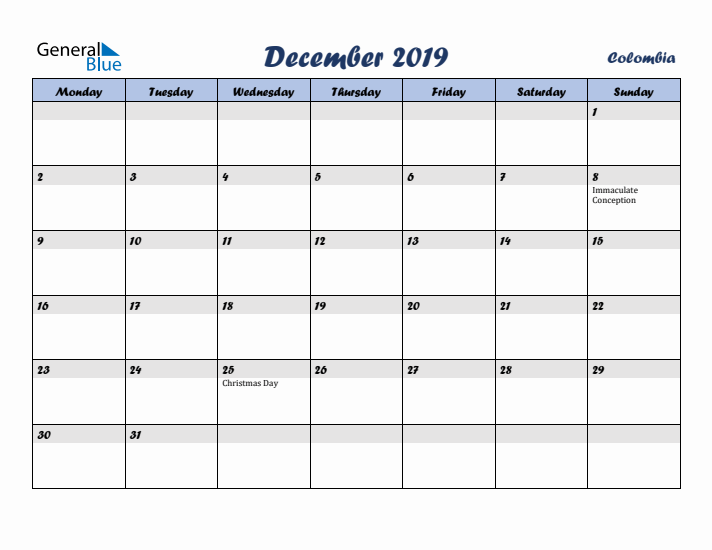 December 2019 Calendar with Holidays in Colombia