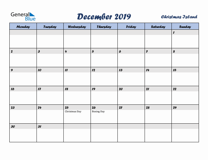 December 2019 Calendar with Holidays in Christmas Island