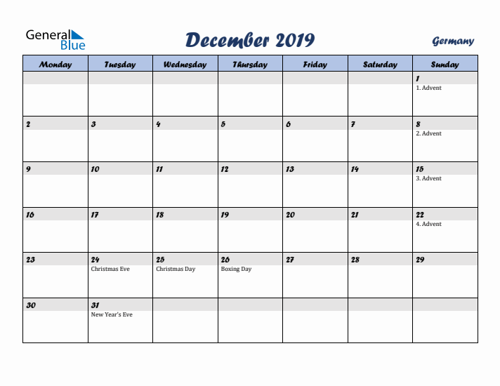 December 2019 Calendar with Holidays in Germany