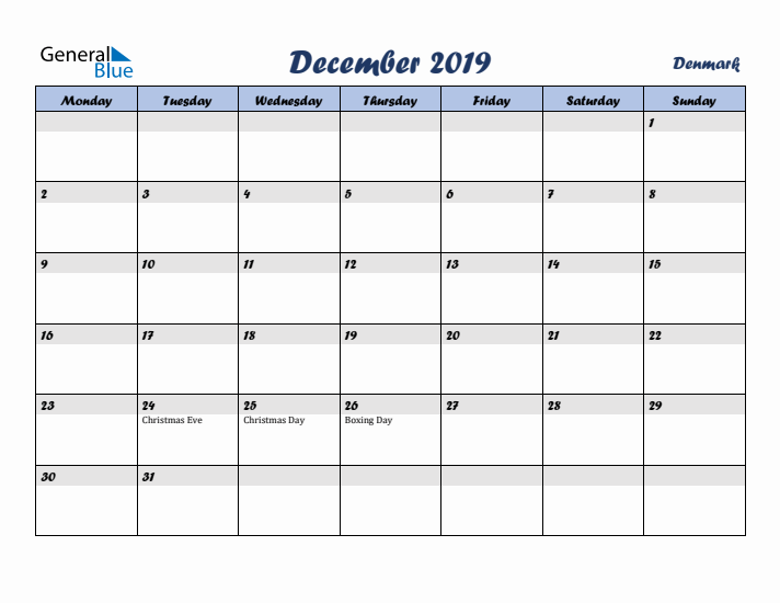 December 2019 Calendar with Holidays in Denmark