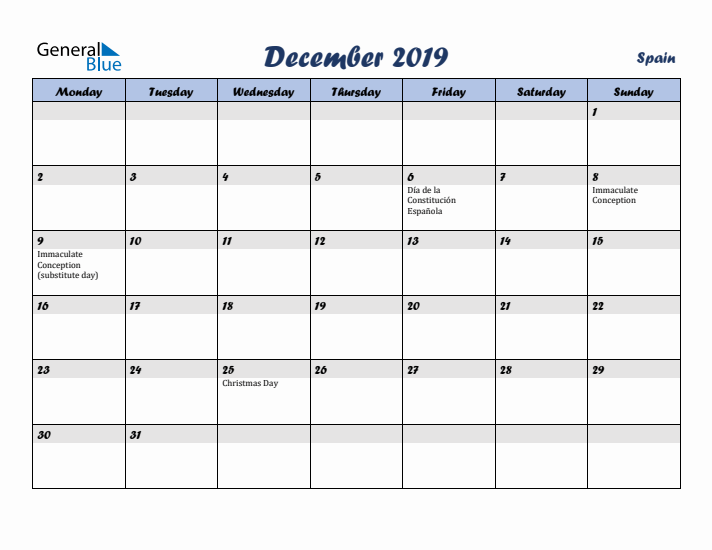 December 2019 Calendar with Holidays in Spain
