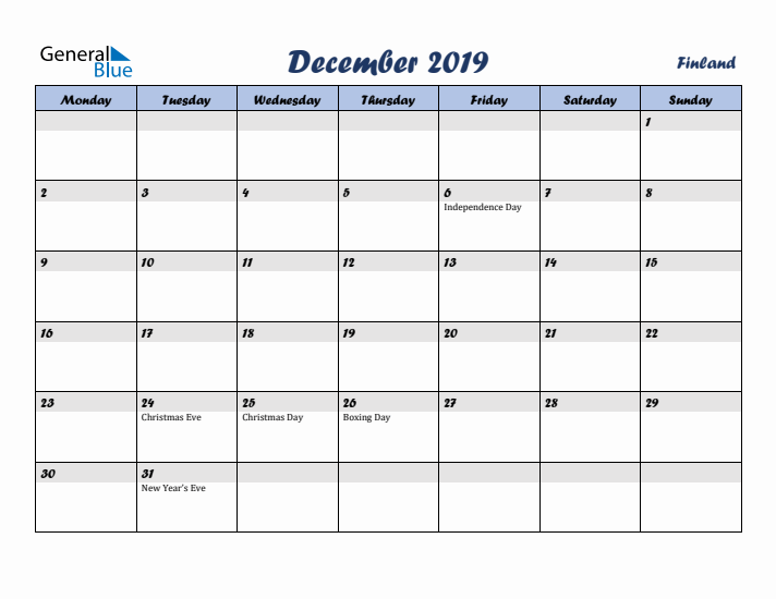 December 2019 Calendar with Holidays in Finland