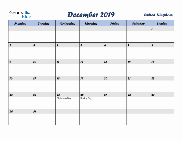 December 2019 Calendar with Holidays in United Kingdom