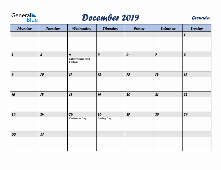 December 2019 Calendar with Holidays in Grenada