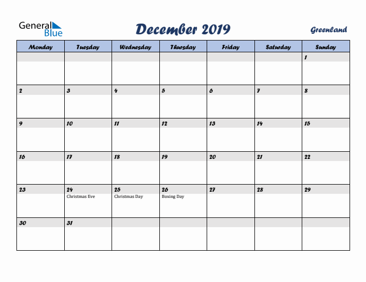 December 2019 Calendar with Holidays in Greenland