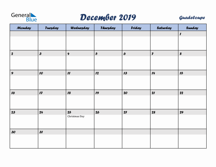 December 2019 Calendar with Holidays in Guadeloupe