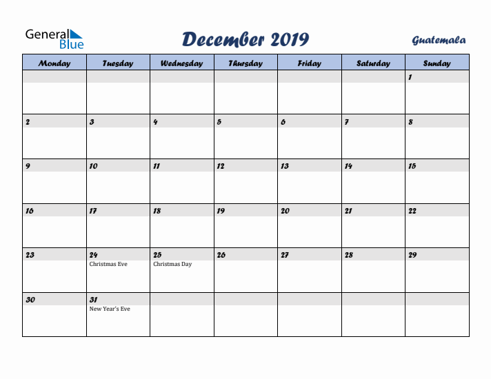 December 2019 Calendar with Holidays in Guatemala