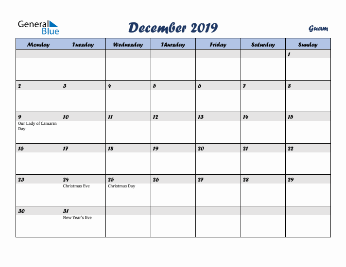 December 2019 Calendar with Holidays in Guam