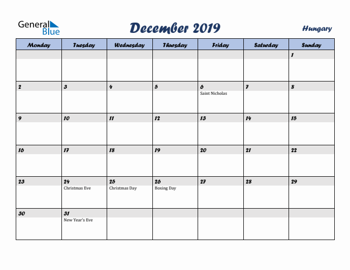 December 2019 Calendar with Holidays in Hungary