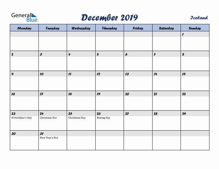 December 2019 Calendar with Holidays in Iceland