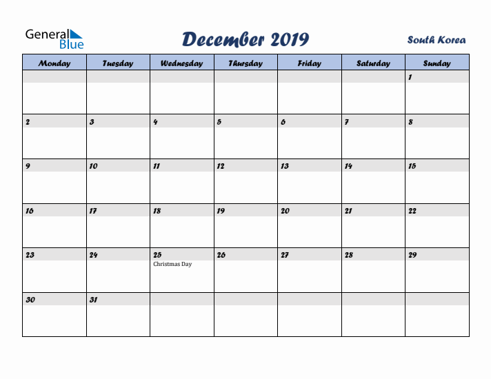 December 2019 Calendar with Holidays in South Korea