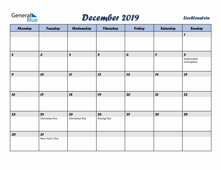 December 2019 Calendar with Holidays in Liechtenstein