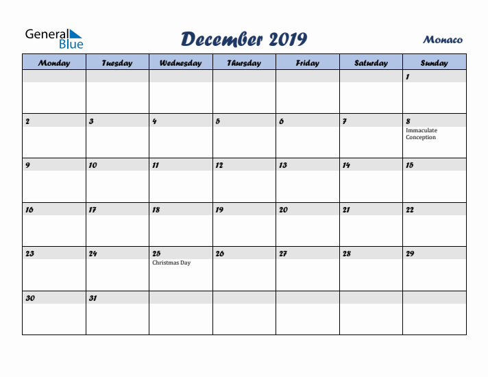 December 2019 Calendar with Holidays in Monaco