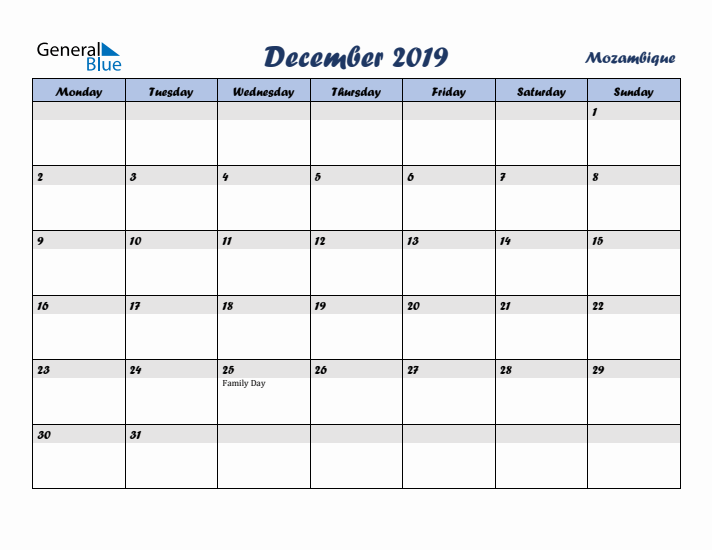 December 2019 Calendar with Holidays in Mozambique