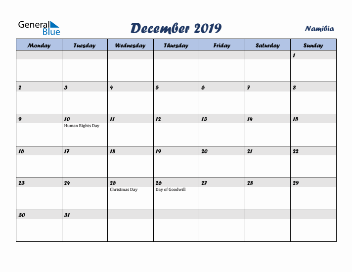 December 2019 Calendar with Holidays in Namibia