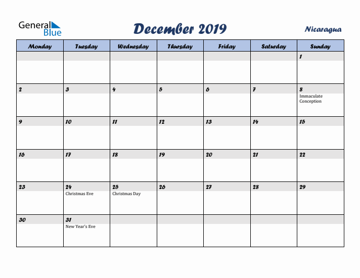 December 2019 Calendar with Holidays in Nicaragua