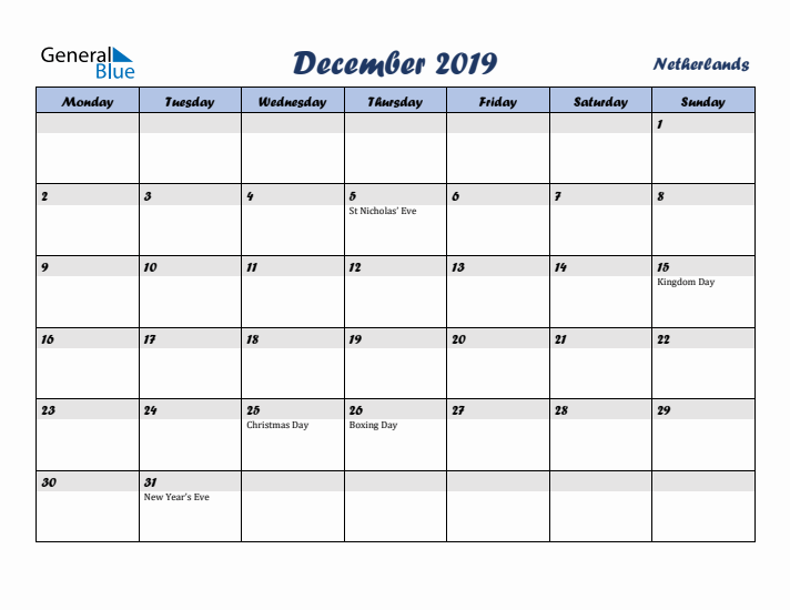 December 2019 Calendar with Holidays in The Netherlands