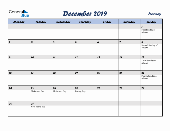 December 2019 Calendar with Holidays in Norway