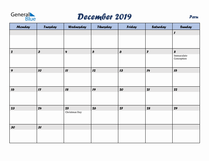 December 2019 Calendar with Holidays in Peru