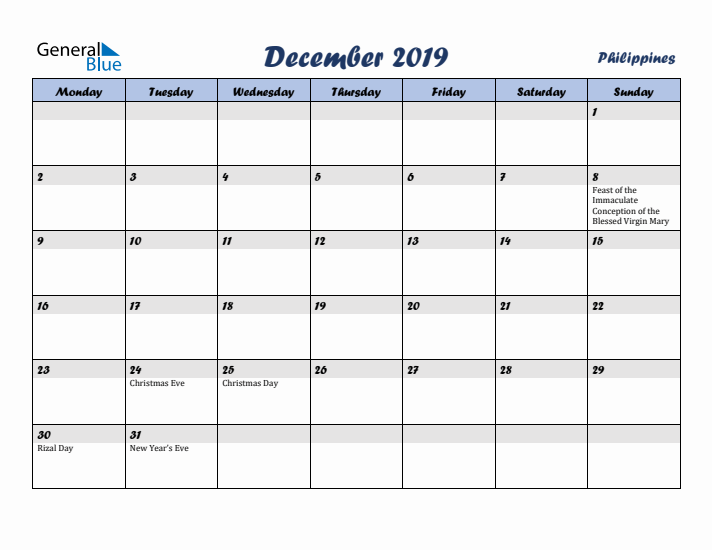 December 2019 Calendar with Holidays in Philippines