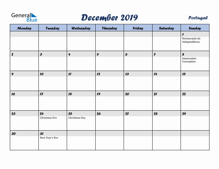 December 2019 Calendar with Holidays in Portugal
