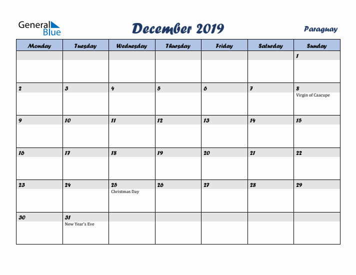December 2019 Calendar with Holidays in Paraguay