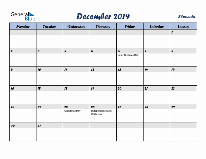 December 2019 Calendar with Holidays in Slovenia