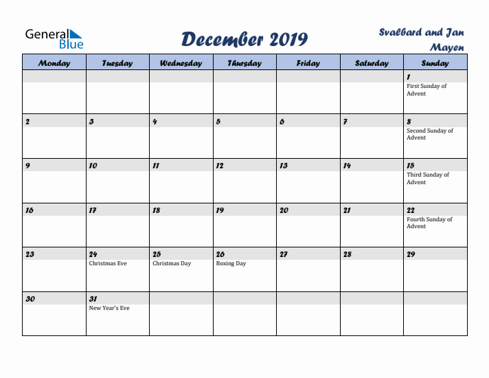 December 2019 Calendar with Holidays in Svalbard and Jan Mayen