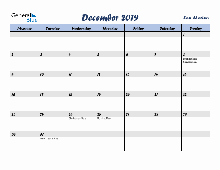 December 2019 Calendar with Holidays in San Marino