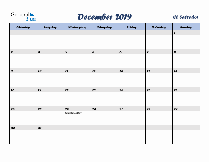 December 2019 Calendar with Holidays in El Salvador