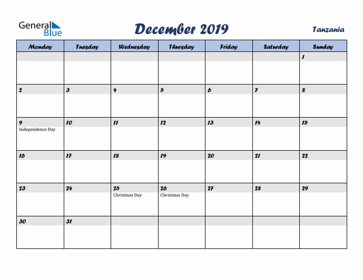 December 2019 Calendar with Holidays in Tanzania