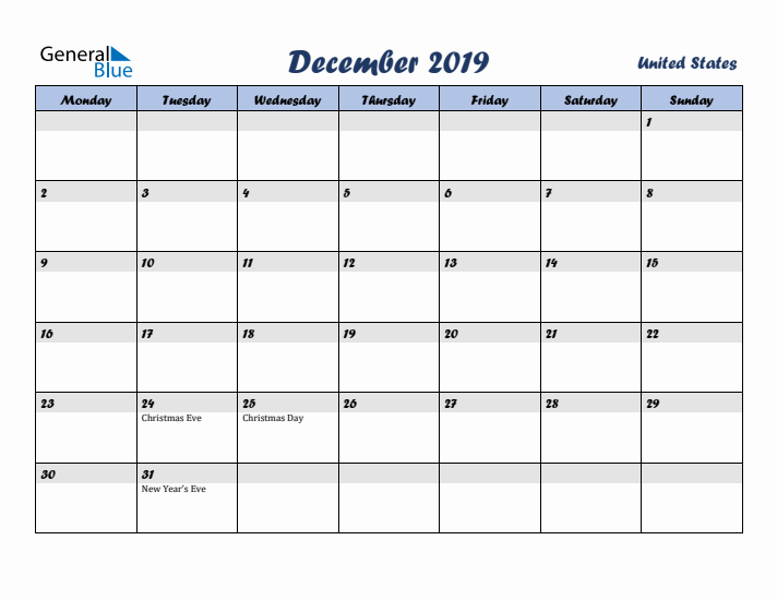 December 2019 Calendar with Holidays in United States
