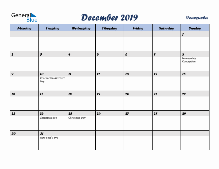 December 2019 Calendar with Holidays in Venezuela