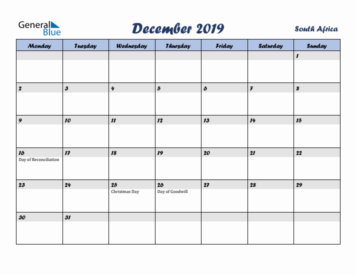 December 2019 Calendar with Holidays in South Africa