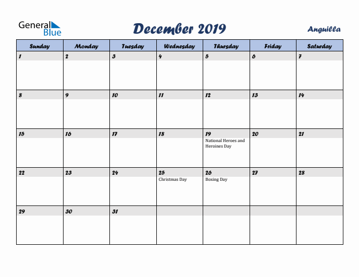 December 2019 Calendar with Holidays in Anguilla