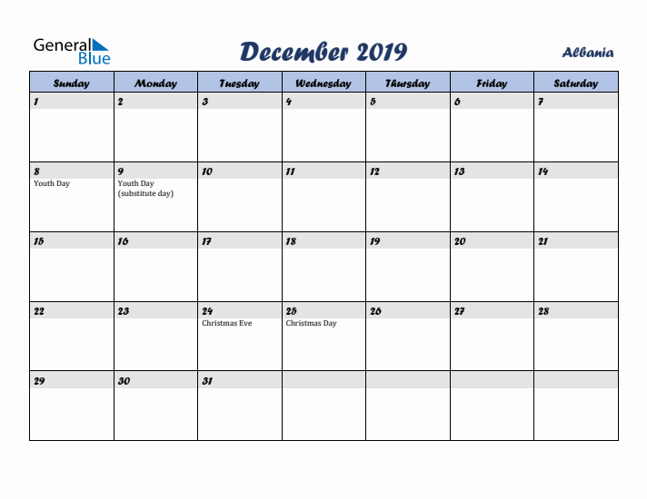 December 2019 Calendar with Holidays in Albania