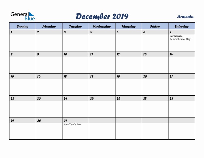 December 2019 Calendar with Holidays in Armenia