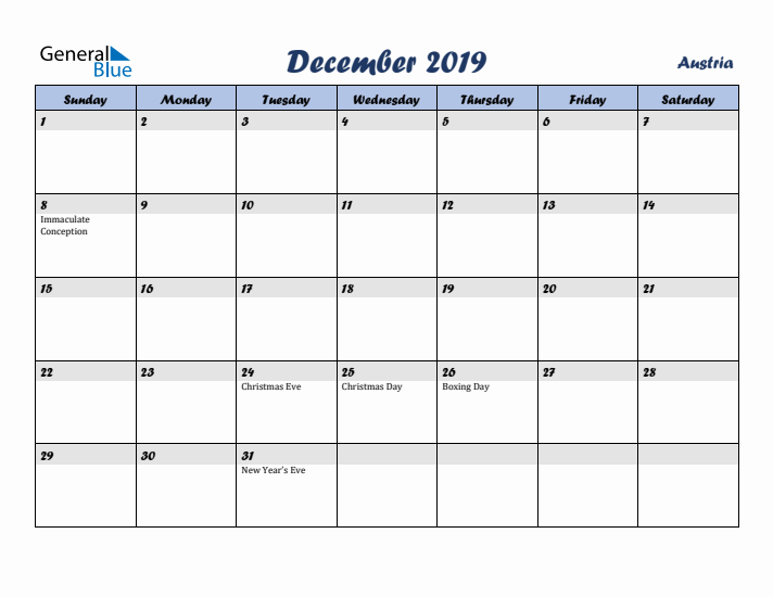 December 2019 Calendar with Holidays in Austria