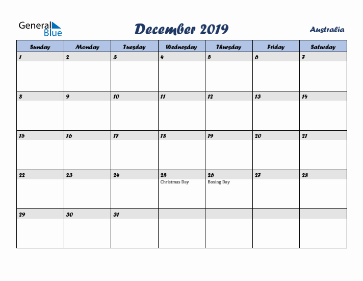 December 2019 Calendar with Holidays in Australia
