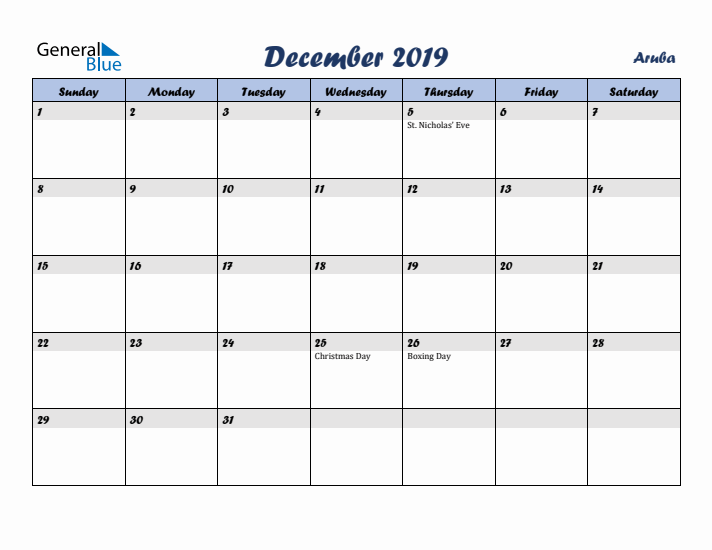 December 2019 Calendar with Holidays in Aruba