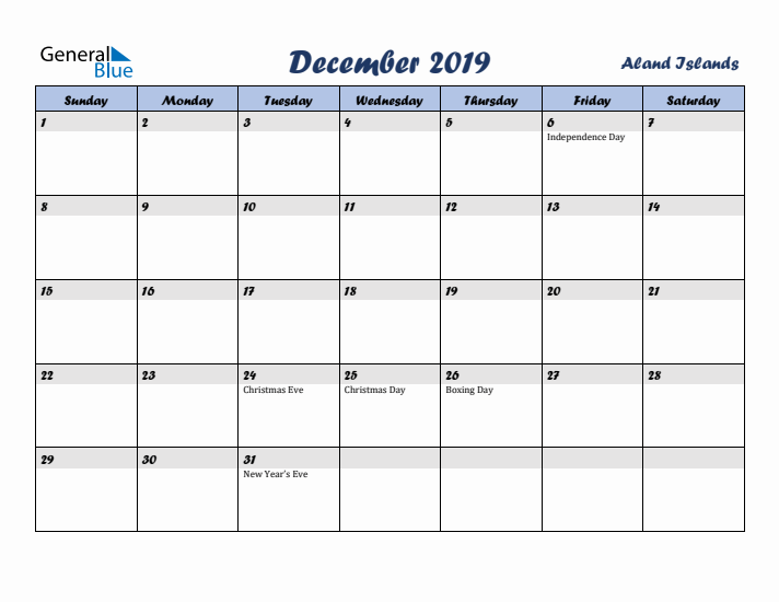 December 2019 Calendar with Holidays in Aland Islands