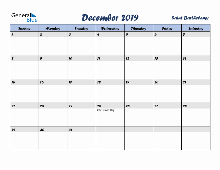December 2019 Calendar with Holidays in Saint Barthelemy