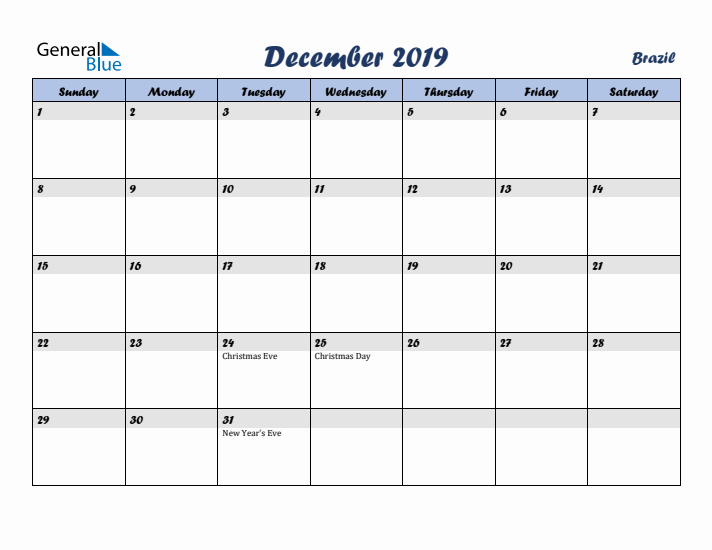 December 2019 Calendar with Holidays in Brazil