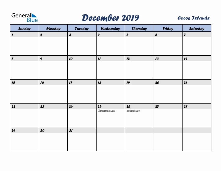 December 2019 Calendar with Holidays in Cocos Islands
